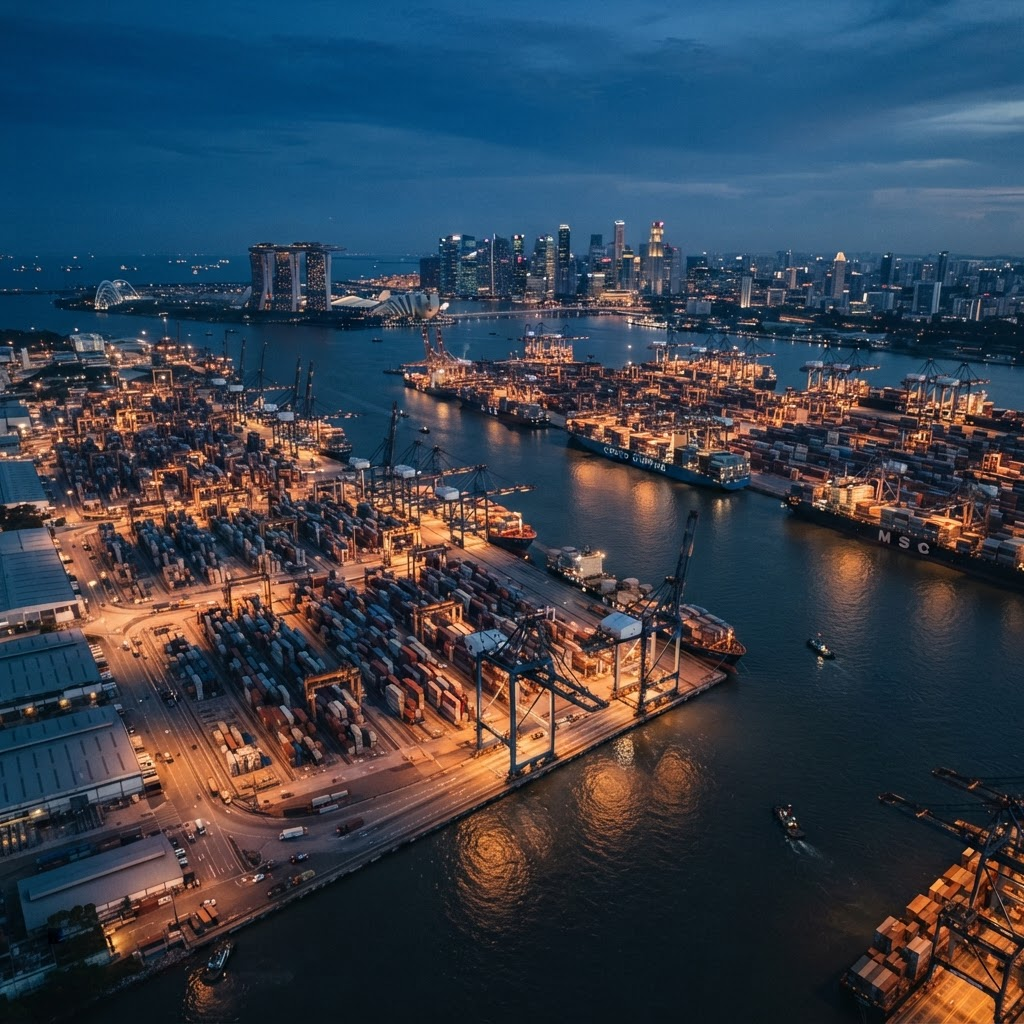 Aerial view of a modern shipping harbor at blue hour